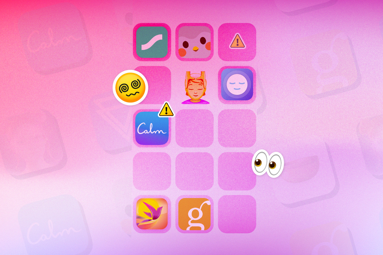 A selection of emojis and icons for mental health apps against a pink background.