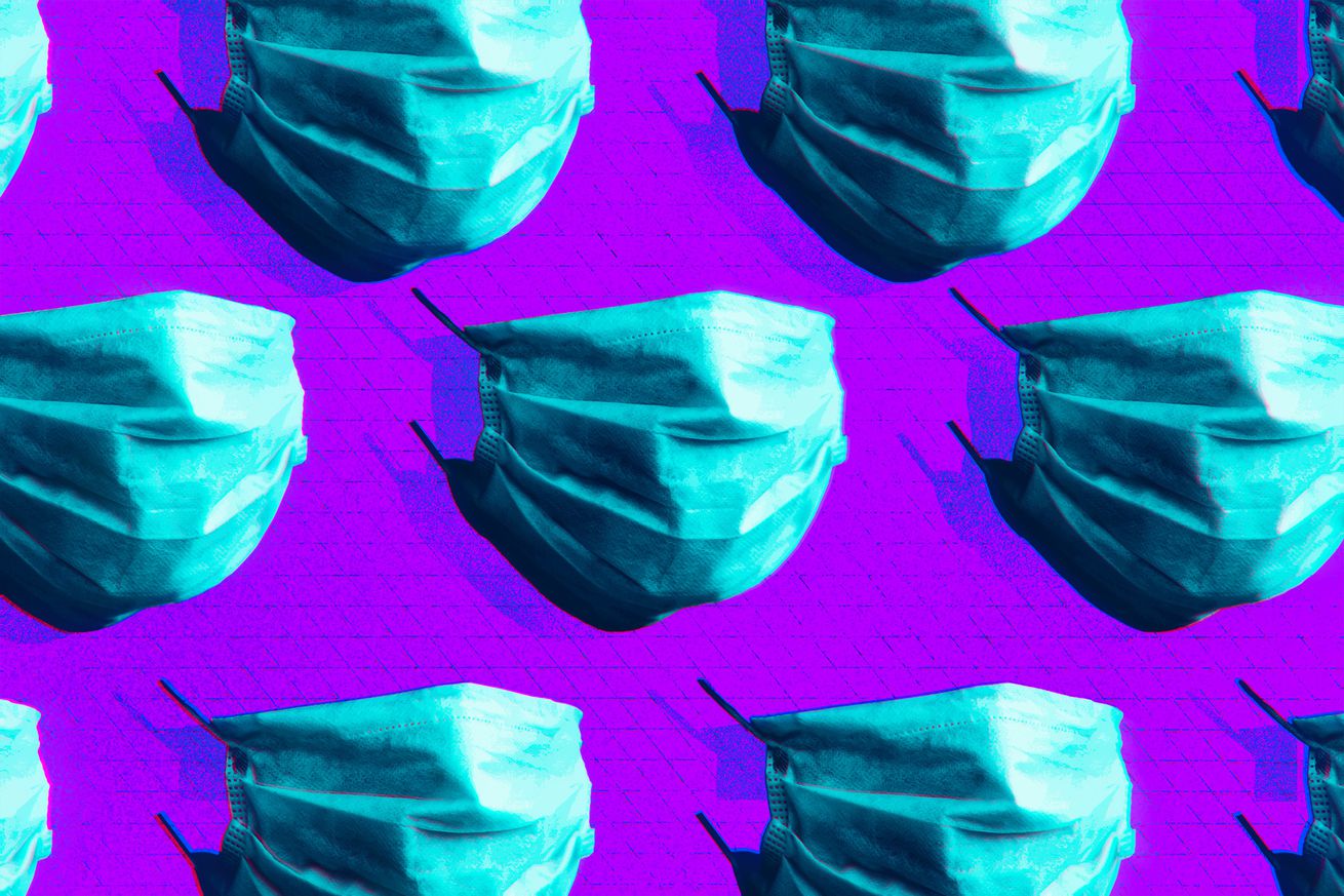 A pattern of light blue face masks against a purple background.